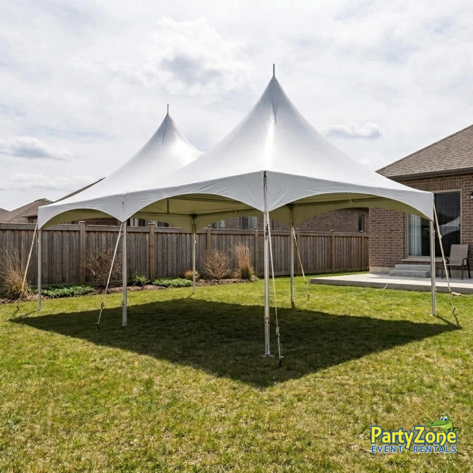 20x40 high peak frame tent rental for large Kenner LA receptions and festivals, holds up to 96 guests