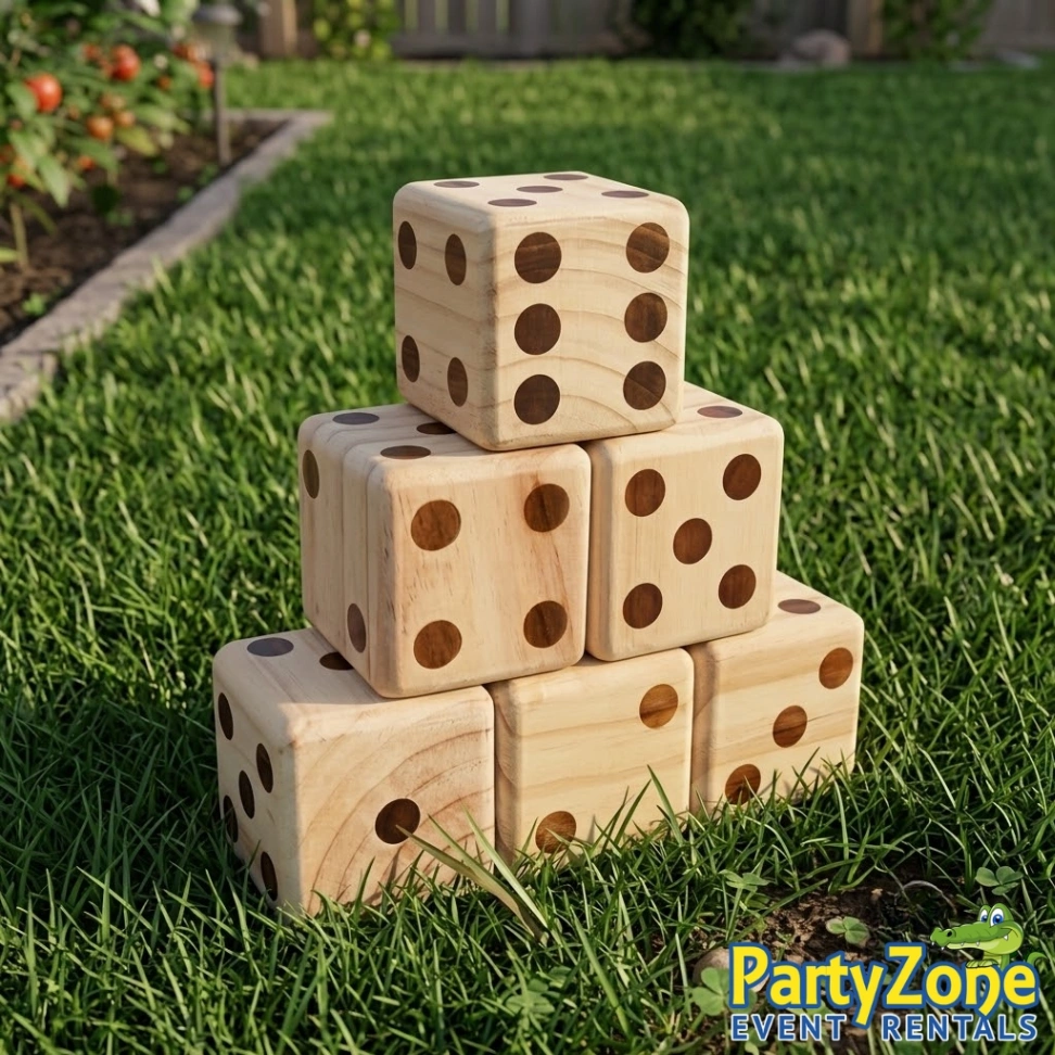 Giant Yardzee dice yard game rental for Kenner LA backyard parties and graduations, easy setup