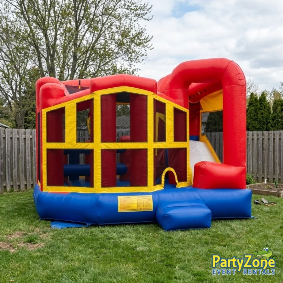 Modular 5-in-1 combo bounce house with slide rental for Kenner LA block parties and school events